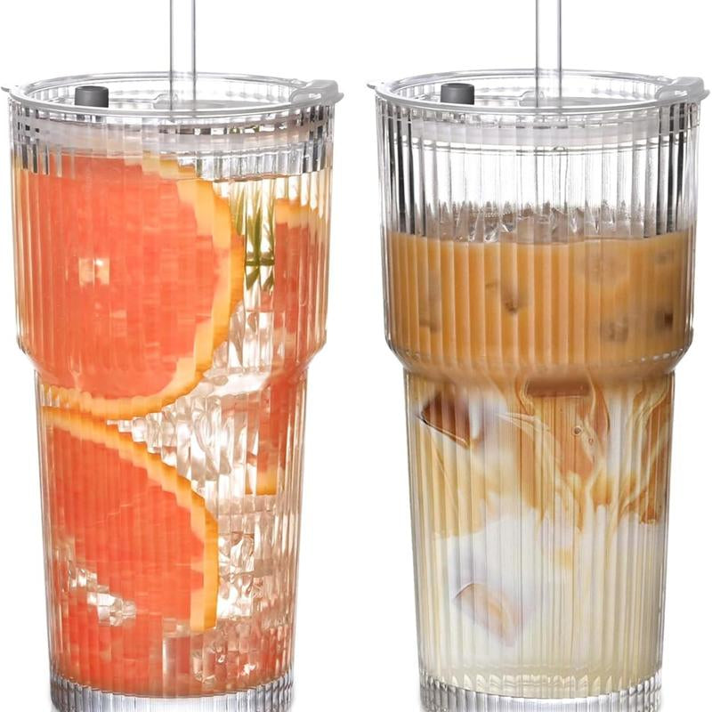 19Oz Ribbed Glass Tumblers with Lids & Straws – Set of 4 Thick Glass Cups for Iced Coffee, Smoothies, Juice & Cocktails