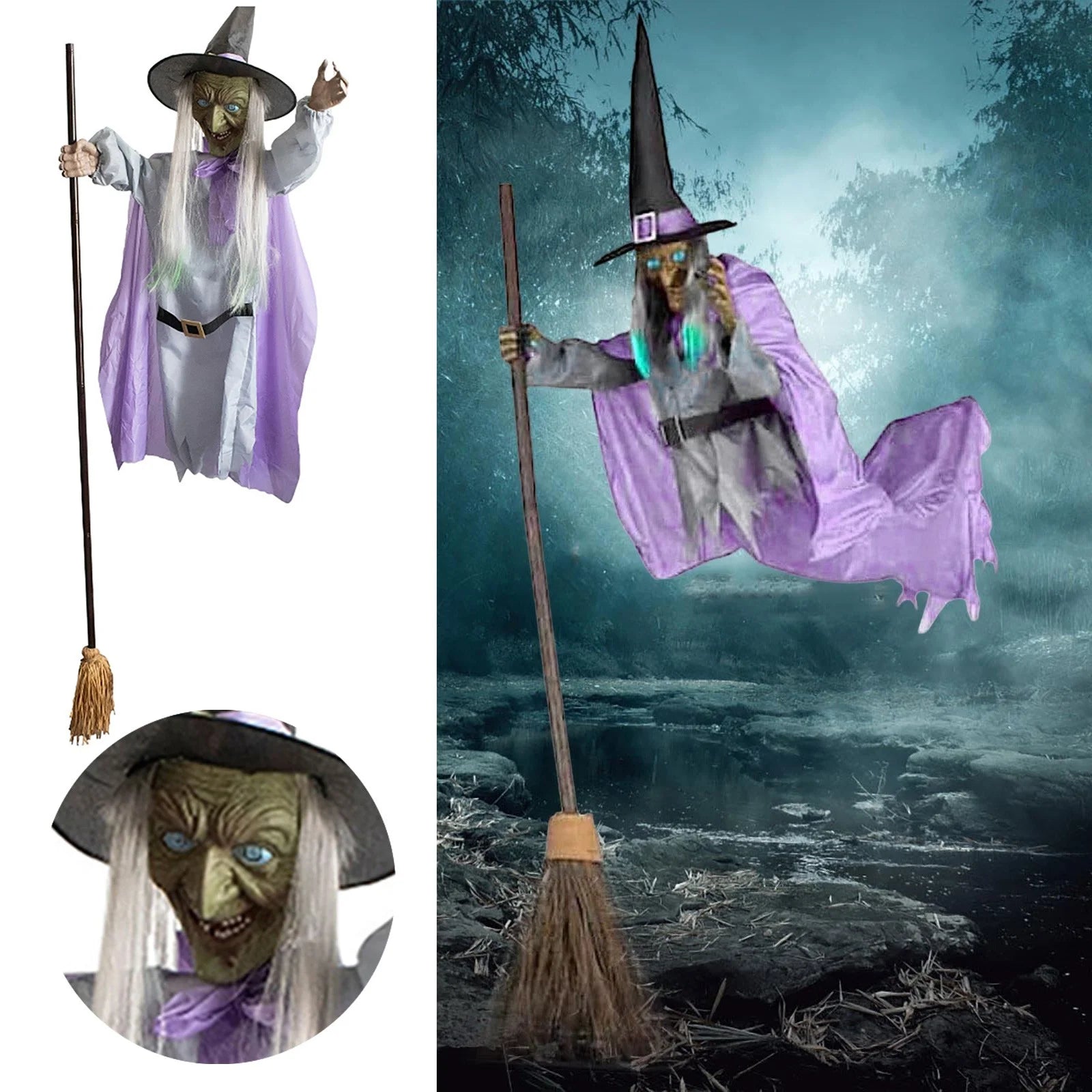 Witch Decorations Halloween 6 FT Scary Flying Witch Decorations Animatronics Halloween Props with Scary Sounds and Lights Decorations for outside Indoor Garden Yard