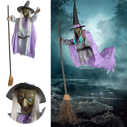 Witch Decorations Halloween 6 FT Scary Flying Witch Decorations Animatronics Halloween Props with Scary Sounds and Lights Decorations for outside Indoor Garden Yard