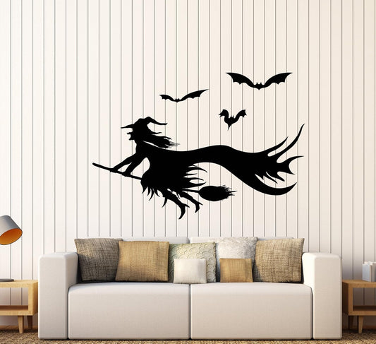 Vinyl Wall Decal Cartoon Witch Besom Halloween Bat Stickers Large Decor (2395Ig) Black
