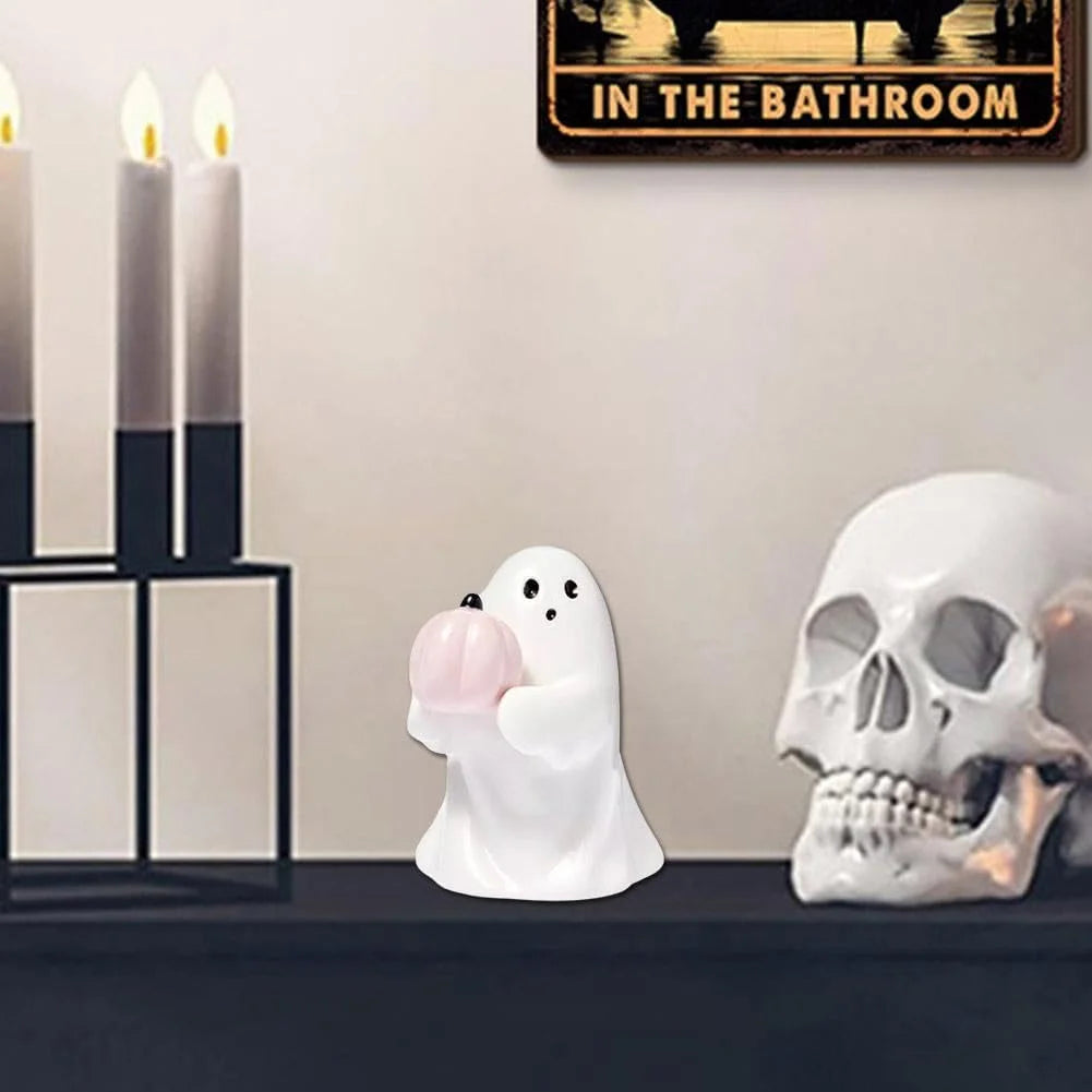 Ghost Hold Pumpkin Figurines,Halloween Ghost Decorations Figurine,Cute Ghost with Bat Spooky Statue,Halloween Ghost Ornaments,Spooky Ghost Sculpture Gift for Halloween Office Kitchen Decor
