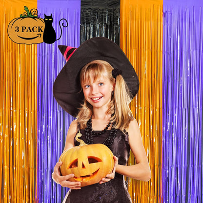 3 Pack Orange Purple Black Photo Booth Props,3.3 X 6.6 Ft Halloween Foil Fringe Curtains,Halloween Party Photo Backdrop Streamer Backdrop for Birthday Anniversary Halloween Party Decoration