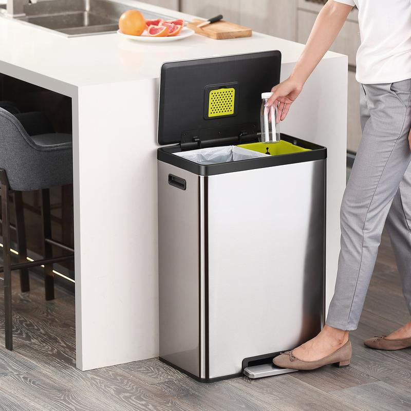 EKO Ecocasa II 36L+24L Dual Trash Can with Recycle Bin, Stainless Steel Garbage Can with Lid, Deodorizer Compartment, Fingerprint Resistant