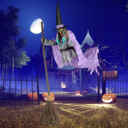 Witch Decorations Halloween 6 FT Scary Flying Witch Decorations Animatronics Halloween Props with Scary Sounds and Lights Decorations for outside Indoor Garden Yard