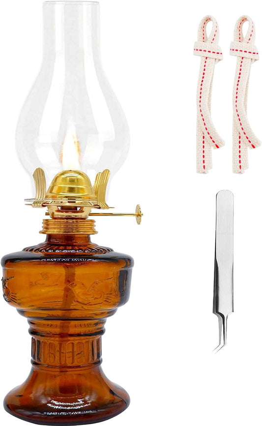 Kerosene Oil Lamp,1 Vintage Kerosene Lamp,1 Tweezers and 2 Wicks,Glass Hurricane Lantern for Indoor Lighting Decoration Outdoor Camping Use (Brown)