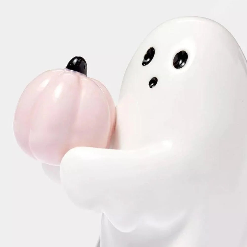 Ghost Hold Pumpkin Figurines,Halloween Ghost Decorations Figurine,Cute Ghost with Bat Spooky Statue,Halloween Ghost Ornaments,Spooky Ghost Sculpture Gift for Halloween Office Kitchen Decor