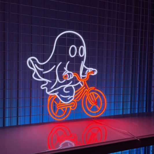 Ghost Neon Sign, Ghost Drive Bicycle Wall Art Decor, Halloween Wall Decor