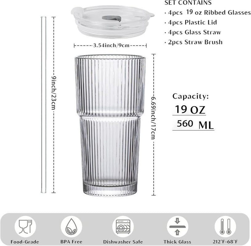 19Oz Ribbed Glass Tumblers with Lids & Straws – Set of 4 Thick Glass Cups for Iced Coffee, Smoothies, Juice & Cocktails