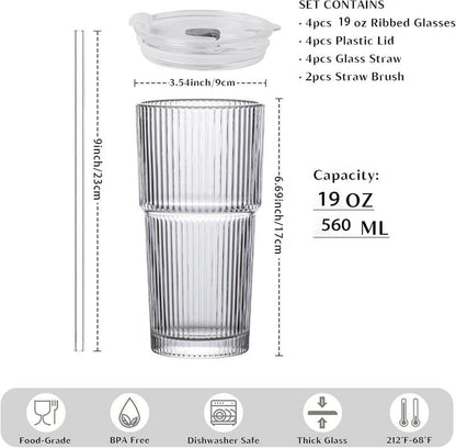 19Oz Ribbed Glass Tumblers with Lids & Straws – Set of 4 Thick Glass Cups for Iced Coffee, Smoothies, Juice & Cocktails