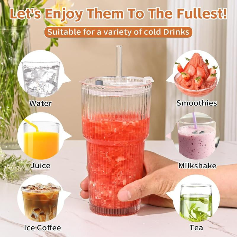 19Oz Ribbed Glass Tumblers with Lids & Straws – Set of 4 Thick Glass Cups for Iced Coffee, Smoothies, Juice & Cocktails
