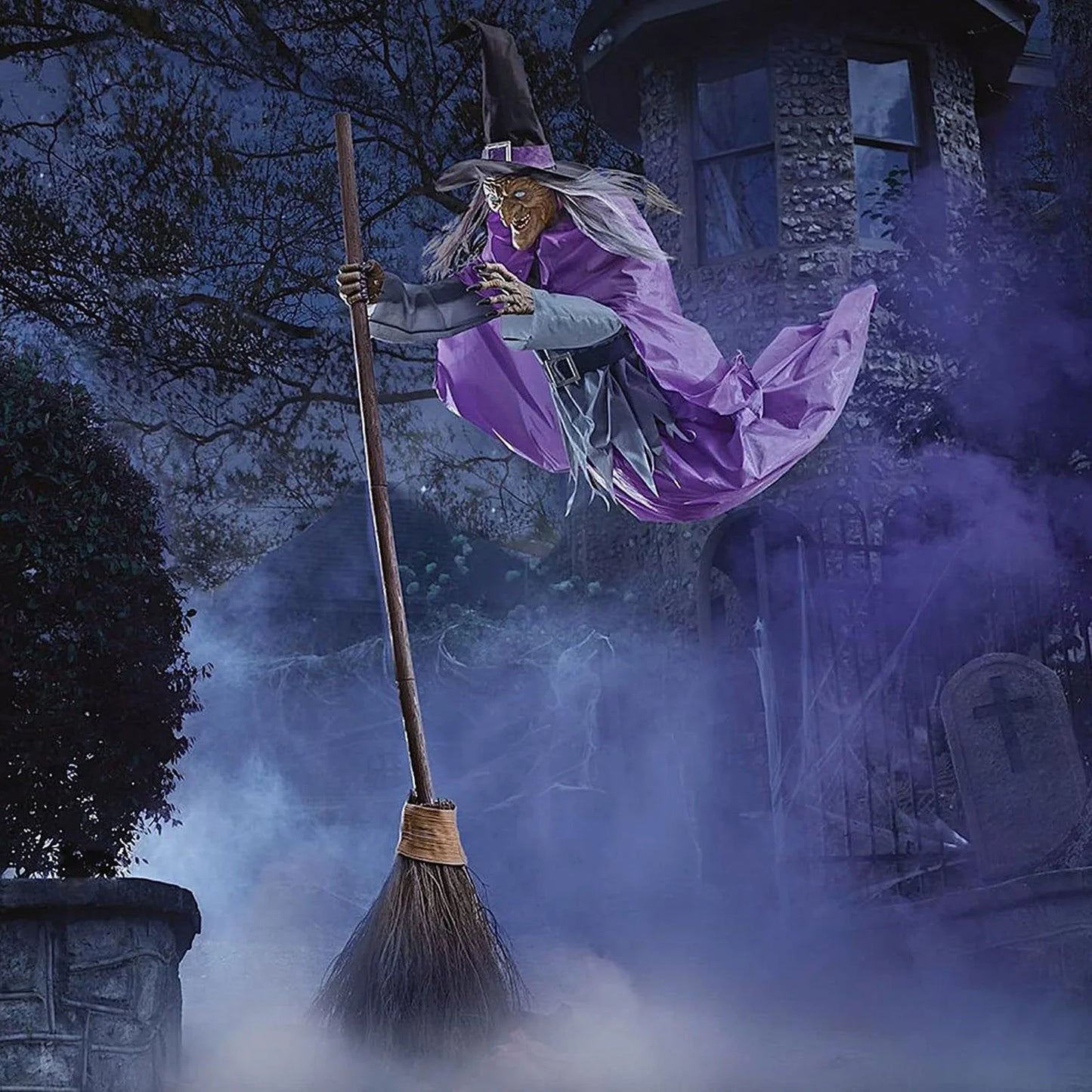 Witch Decorations Halloween 6 FT Scary Flying Witch Decorations Animatronics Halloween Props with Scary Sounds and Lights Decorations for outside Indoor Garden Yard