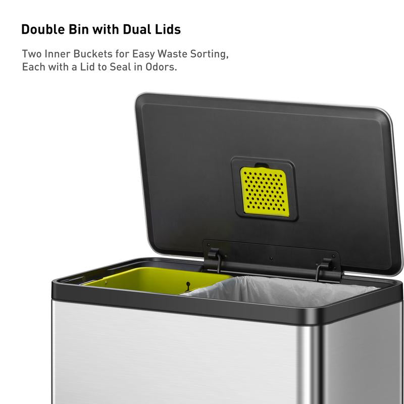 EKO Ecocasa II 36L+24L Dual Trash Can with Recycle Bin, Stainless Steel Garbage Can with Lid, Deodorizer Compartment, Fingerprint Resistant