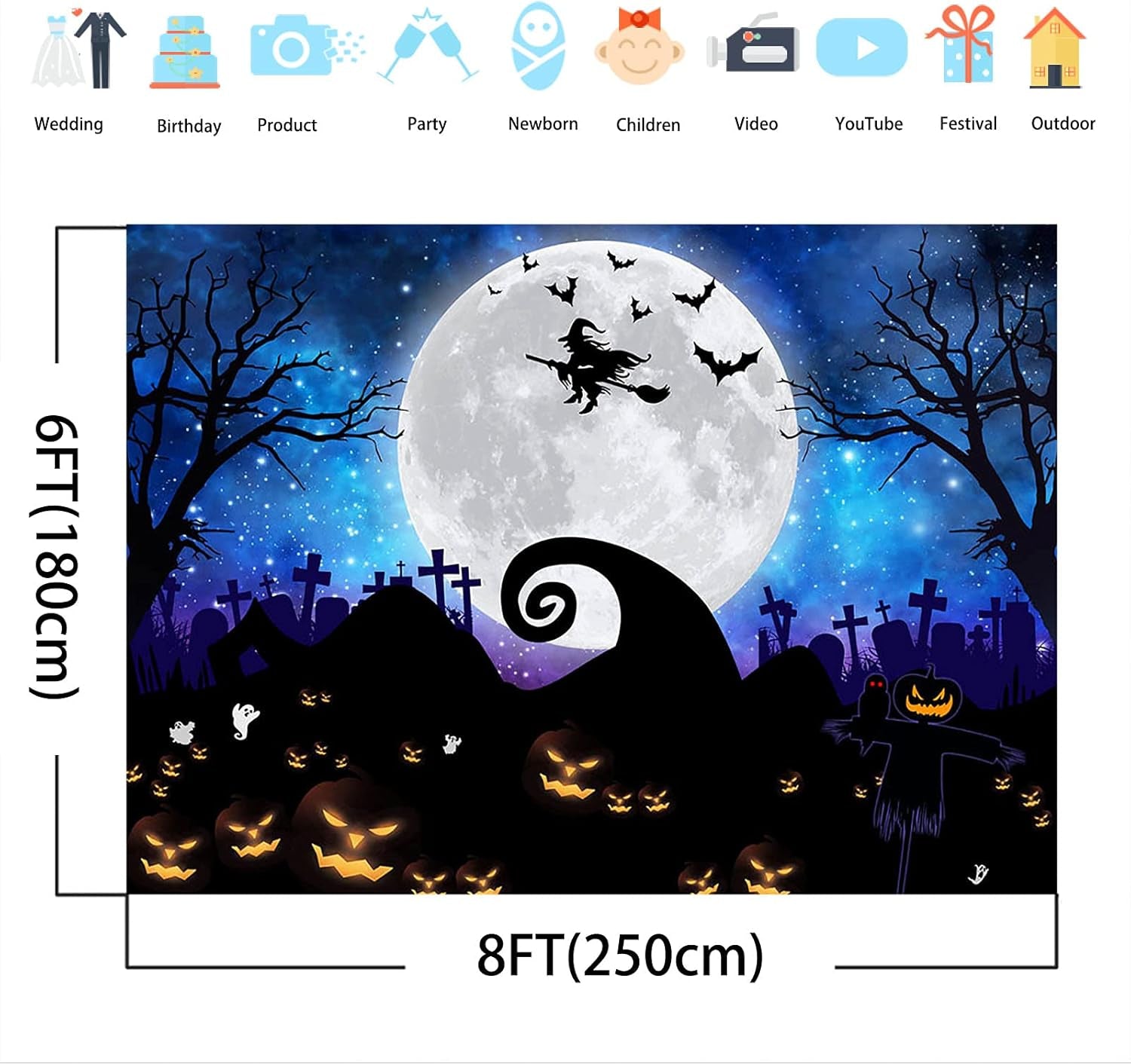 Halloween Photography Backdrop Halloween Light Moon Scary Pumpkin Photography Background Horror Bat Pumpkin Birthday Baby Shower Halloween Party Backdrops Decorations (8X6)