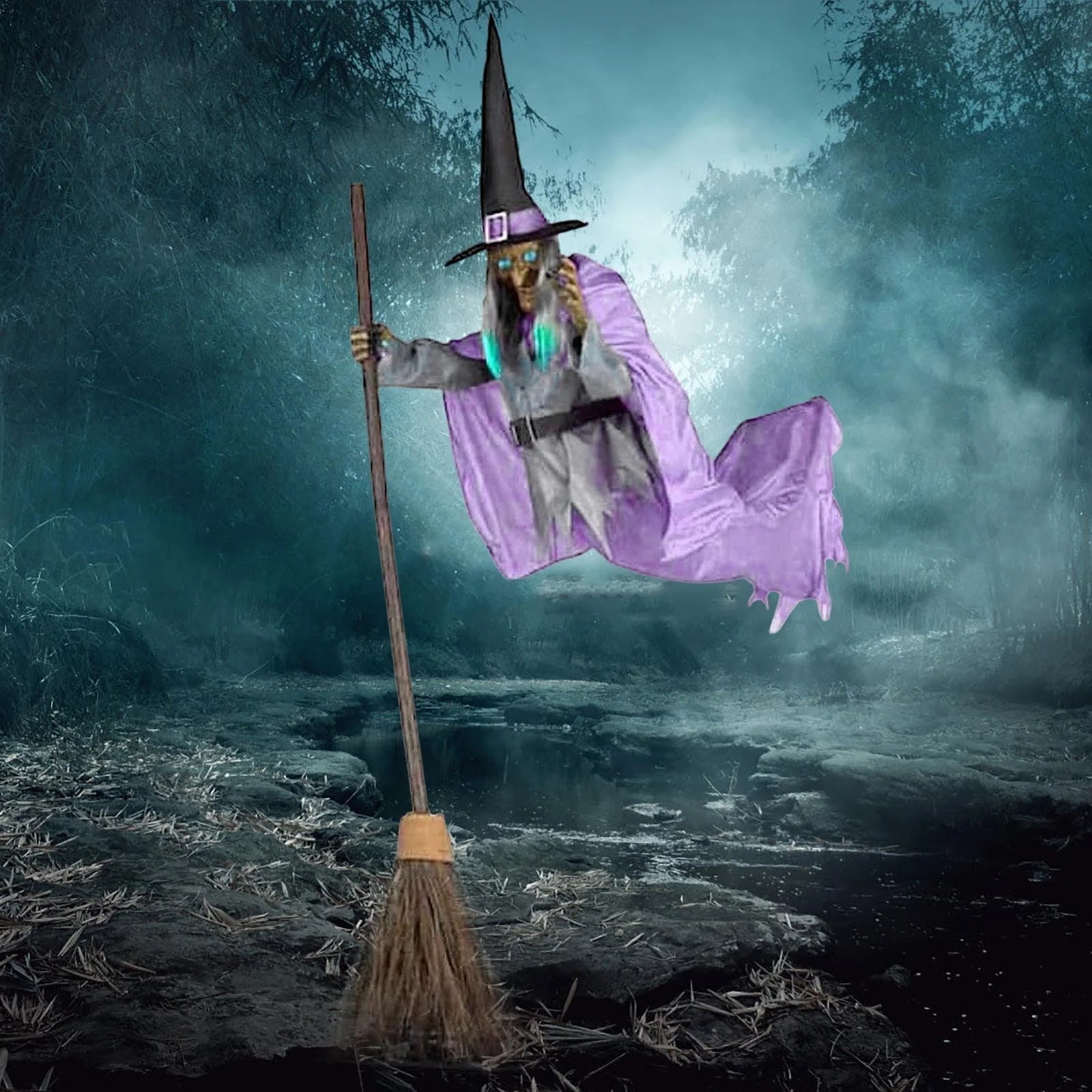Witch Decorations Halloween 6 FT Scary Flying Witch Decorations Animatronics Halloween Props with Scary Sounds and Lights Decorations for outside Indoor Garden Yard