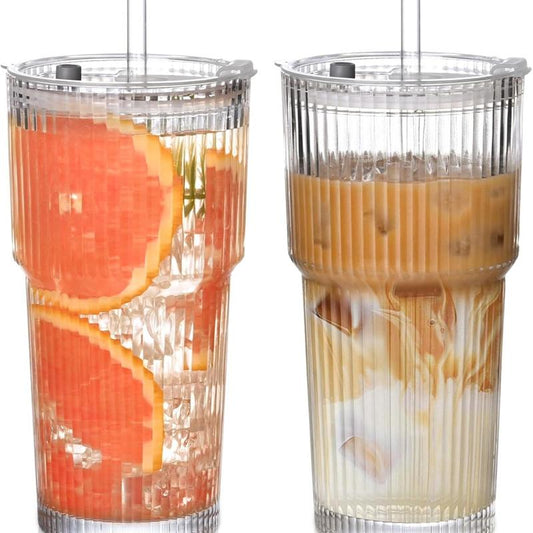 19Oz Ribbed Glass Tumblers with Lids & Straws – Set of 4 Thick Glass Cups for Iced Coffee, Smoothies, Juice & Cocktails