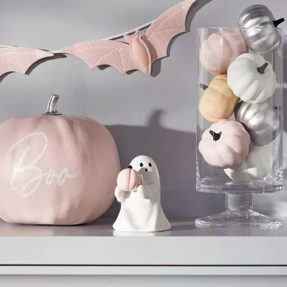 Ghost Hold Pumpkin Figurines,Halloween Ghost Decorations Figurine,Cute Ghost with Bat Spooky Statue,Halloween Ghost Ornaments,Spooky Ghost Sculpture Gift for Halloween Office Kitchen Decor