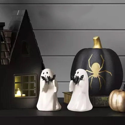 Ghost Hold Pumpkin Figurines,Halloween Ghost Decorations Figurine,Cute Ghost with Bat Spooky Statue,Halloween Ghost Ornaments,Spooky Ghost Sculpture Gift for Halloween Office Kitchen Decor