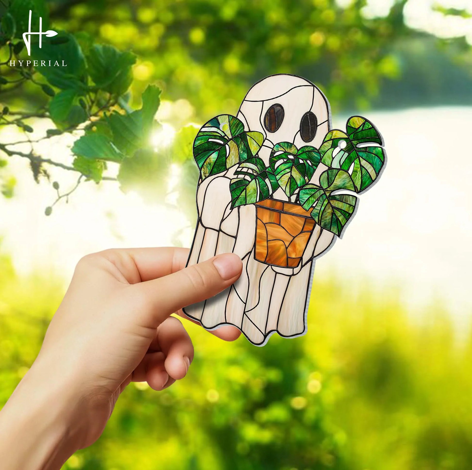 Cute Ghost Plant ACRYLIC Suncatcher, Ghost and Monstera Acrylic Ornament, Halloween Ghost Window Hangings, Plant Lovers Gift, Gift for Mom
