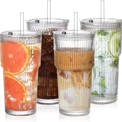 19Oz Ribbed Glass Tumblers with Lids & Straws – Set of 4 Thick Glass Cups for Iced Coffee, Smoothies, Juice & Cocktails
