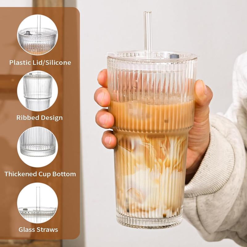 19Oz Ribbed Glass Tumblers with Lids & Straws – Set of 4 Thick Glass Cups for Iced Coffee, Smoothies, Juice & Cocktails