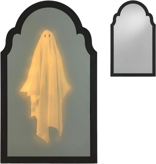 2025 Martha Stewart Ghost Mirror with Eyes Ghost for Halloweens Decor, Indoor DIY Ghosts Mirror, Halloween Mirrors (13.7" Wave Border White Light Ghost)