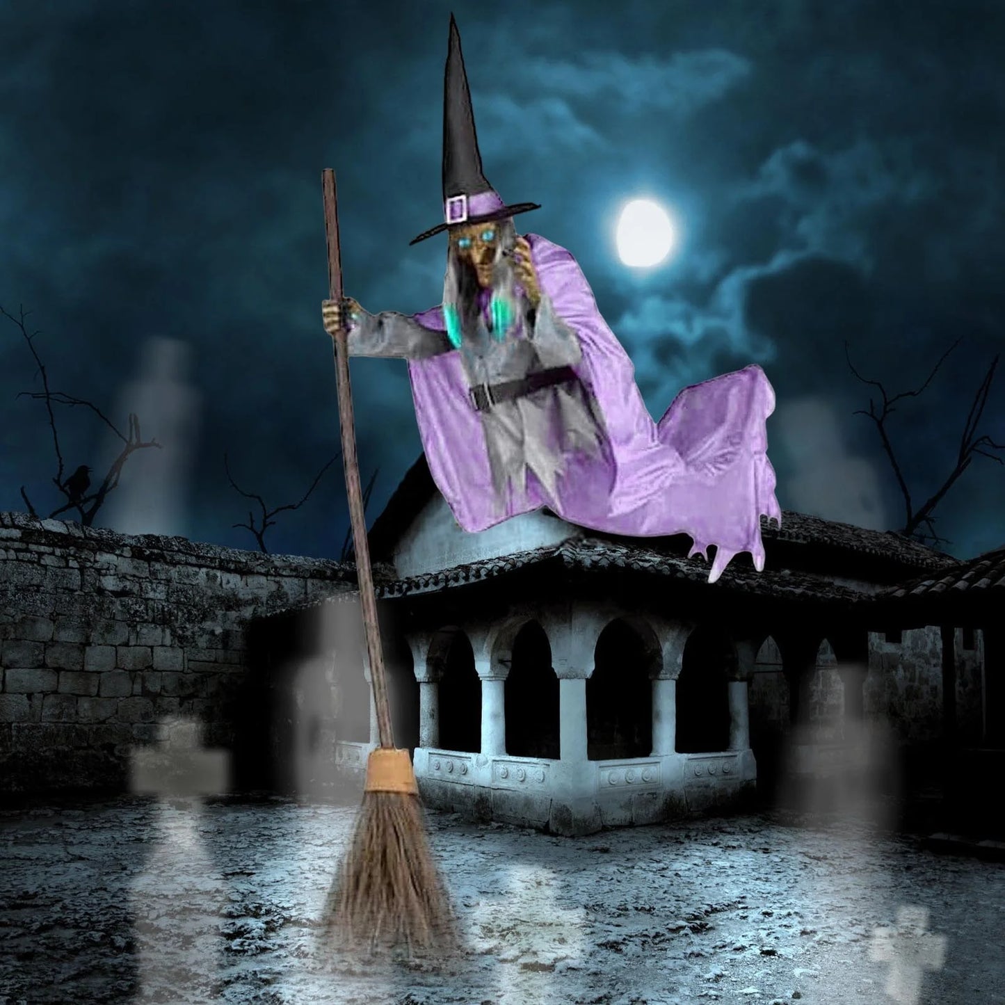 Witch Decorations Halloween 6 FT Scary Flying Witch Decorations Animatronics Halloween Props with Scary Sounds and Lights Decorations for outside Indoor Garden Yard
