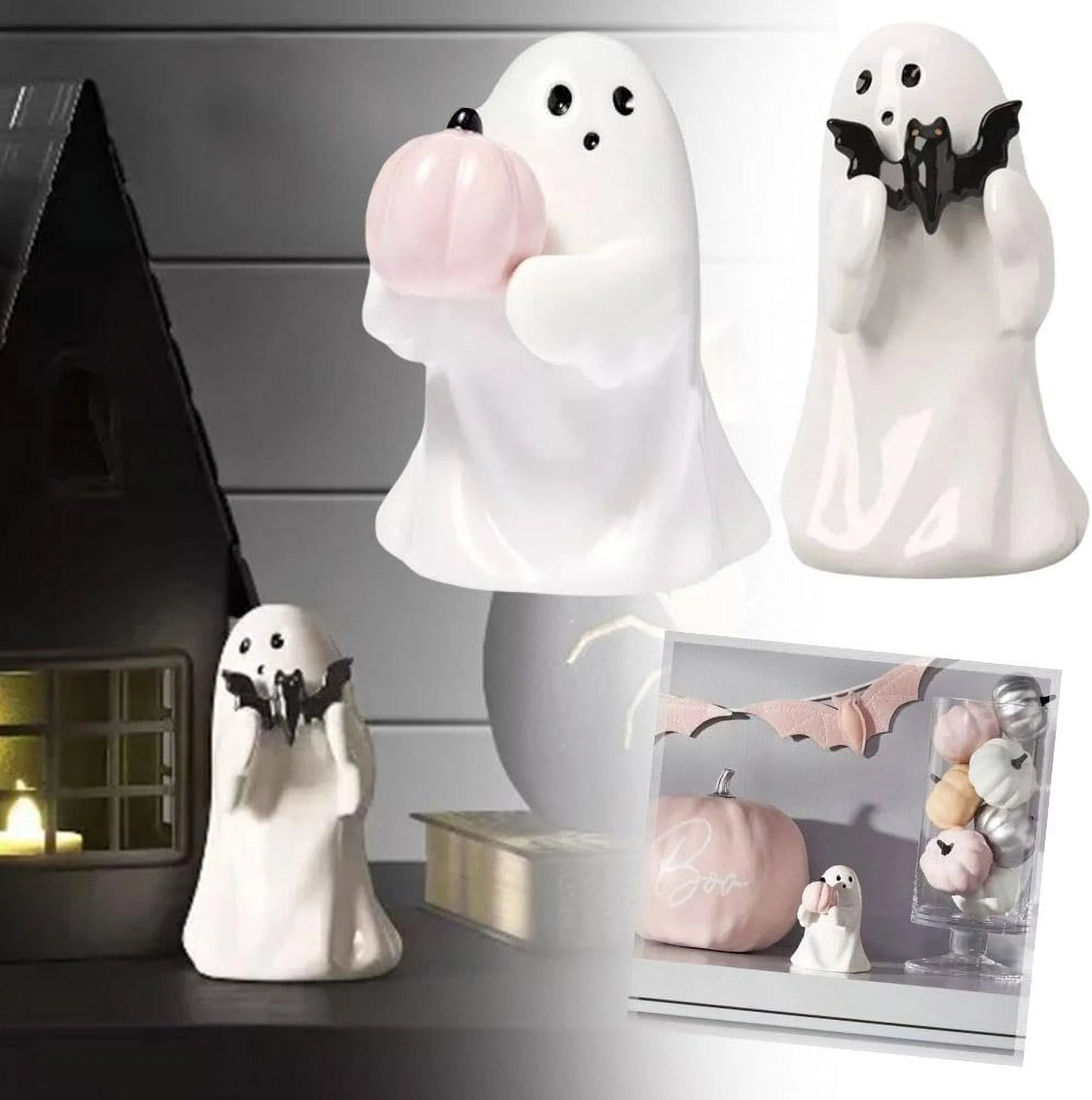 Ghost Hold Pumpkin Figurines,Halloween Ghost Decorations Figurine,Cute Ghost with Bat Spooky Statue,Halloween Ghost Ornaments,Spooky Ghost Sculpture Gift for Halloween Office Kitchen Decor