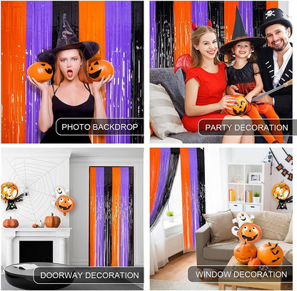 3 Pack Orange Purple Black Photo Booth Props,3.3 X 6.6 Ft Halloween Foil Fringe Curtains,Halloween Party Photo Backdrop Streamer Backdrop for Birthday Anniversary Halloween Party Decoration