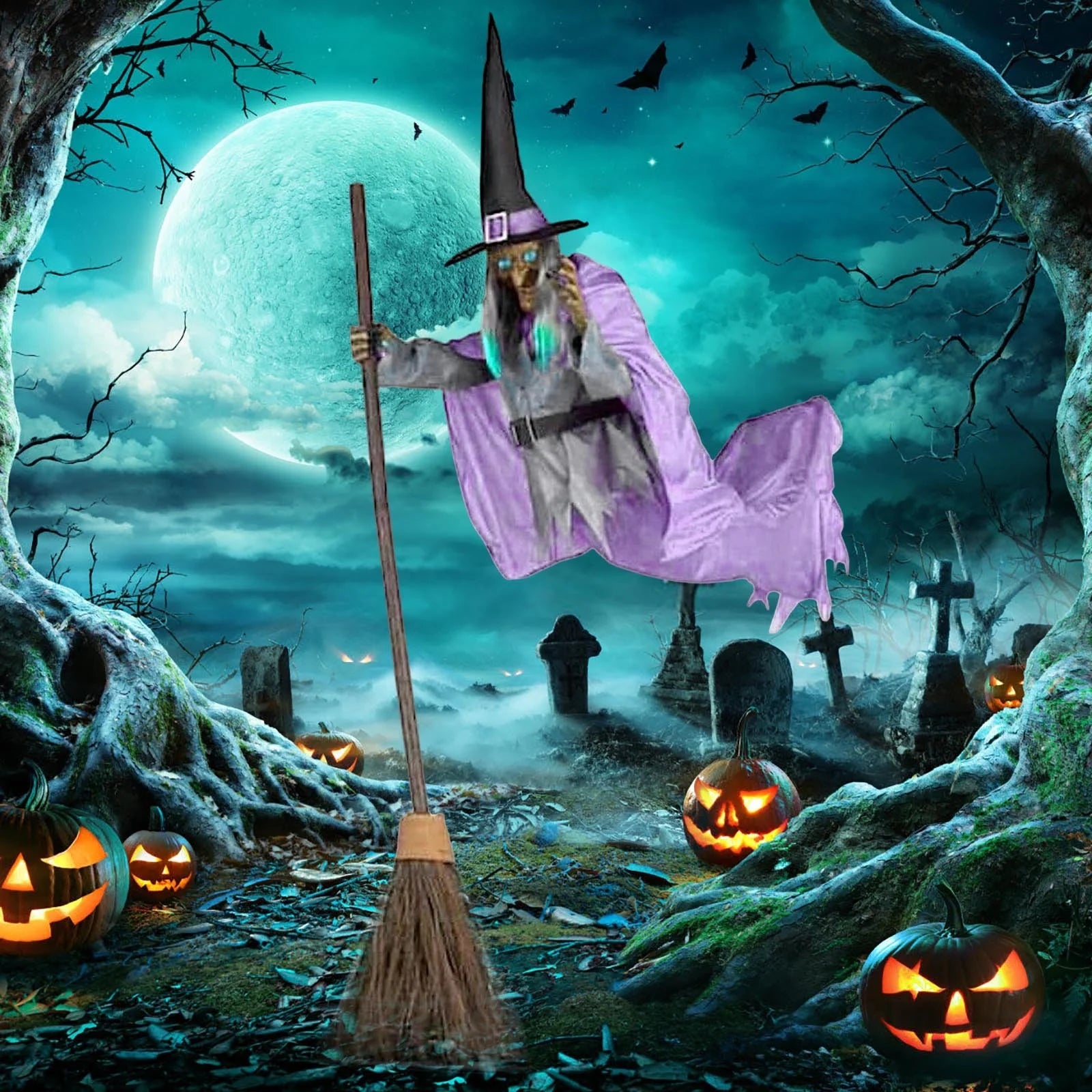Witch Decorations Halloween 6 FT Scary Flying Witch Decorations Animatronics Halloween Props with Scary Sounds and Lights Decorations for outside Indoor Garden Yard