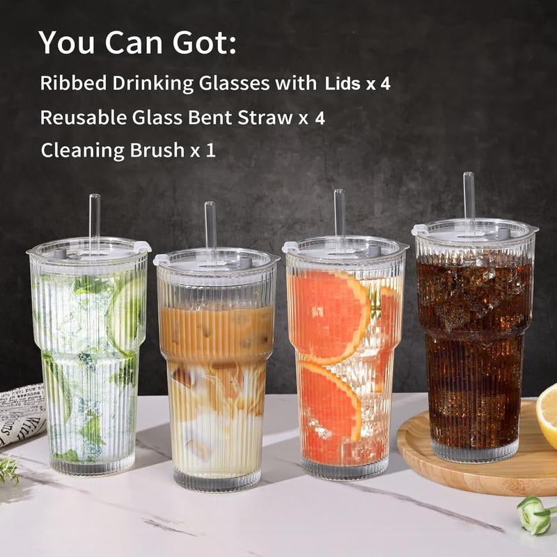 19Oz Ribbed Glass Tumblers with Lids & Straws – Set of 4 Thick Glass Cups for Iced Coffee, Smoothies, Juice & Cocktails