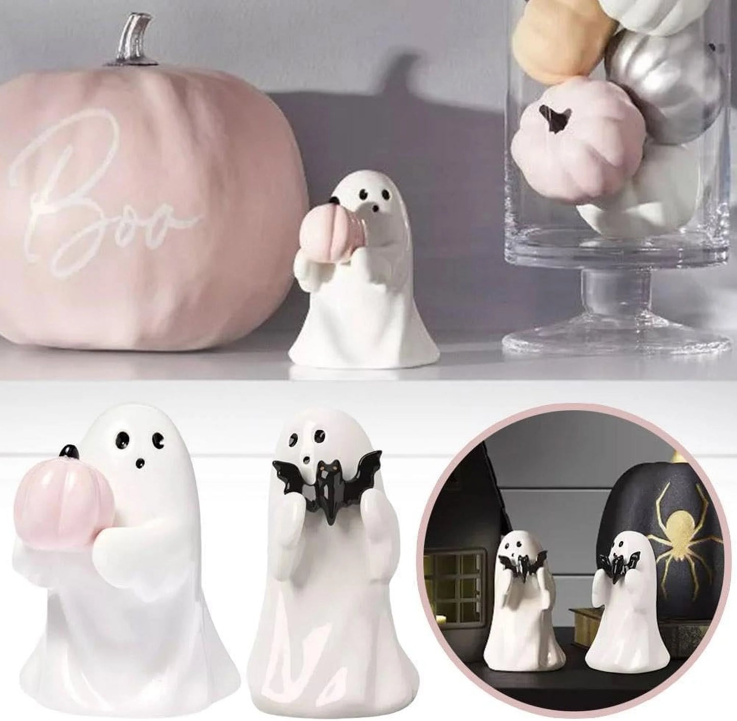 Ghost Hold Pumpkin Figurines,Halloween Ghost Decorations Figurine,Cute Ghost with Bat Spooky Statue,Halloween Ghost Ornaments,Spooky Ghost Sculpture Gift for Halloween Office Kitchen Decor